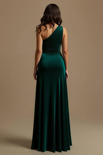 Robe de fête de vacances vert foncé à une épaule avec volants